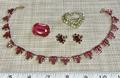 Antique Art Deco Czech PINK Vauxhall Foiled Glass Necklace Brooch Earrings Lot