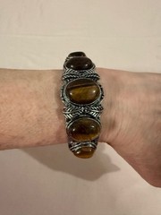 Vintage Tigers Eye And Silver Tone Bracelet Cuff