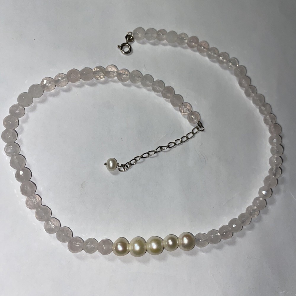 Necklace Choker Rose Quartz Cultured 7mm Pearl Sterling Italian Unused Faceted
