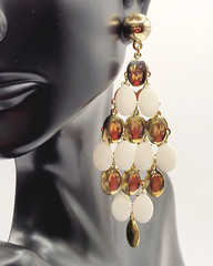 White & Gold Tone Metal Chandelier Cascade Dangle Vintage Earrings Ballroom