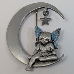 JJ Jonette Fairy Blue Glitter Wings Crescent Moon Star Pin Brooch Pewter Vintage
