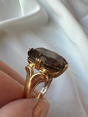 14K YELLOW GOLD LARGE SMOKY QUARTZ RING BEAUTIFUL RICH CHOCOLATE BROWN COLOR