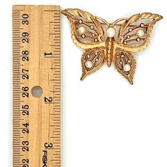 Vtg Gold Butterfly Brooch Faux Pearl Openwork Figural Pin 2.5 In