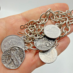 Vintage Coin Charm Necklace Grechian Silver Toned Size 18.5”