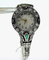 Important Deco Black, Starr & Frost Platinum Diamond Emerald Bracelet Wristwatch