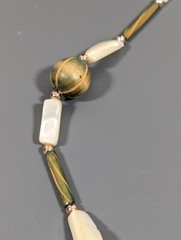 Vintage Boho Neckalce Green Carved Style Wood Cream Shell Bead Necklace 24 in