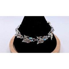 Vintage AB Rhinestone Leaf Bracelet Silver Tone Floral Link Mid Century Jewelry
