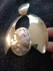 Florelle Pendant Necklace Silver Plated Metal Abalone Signed Vtg Bold Statement