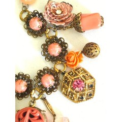 VTG Assemblage Charm Bracelet Pink Floral OOAK Upcycled Statement Jewelry 7.5″
