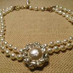 RARE Vtg Miriam Haskell Necklace Double Strand Faux Pearl Gold Tone Statement