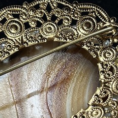 Vintage W Germany Glass Caramel Swirl Cabochon Pearl Brooch Clip On Earrings Set