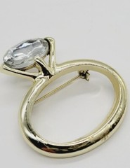 Huge Engagement Ring Brooch Pin Vintage Gold Tone Rhinestone Funny