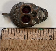 Unusual Vintage SKULL Pendant w Red Gem Eyes Copper?