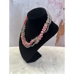 Miriam Haskell Vintage Pink Floral and Clear Glass Bead Necklace Patented Clasp