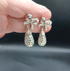 Vintage Rhinestone Bow Earrings Dangle Stud Mirror Disco Ball Glam Party 1″
