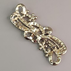 Rhinestone Ribbon Bow Brooch Clear AB Flowers Gold Tone 3.25″