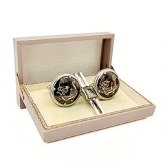 Vintage Swank Dragon Etched Silver Plate Black Enamel Cufflinks Tie Bar Set