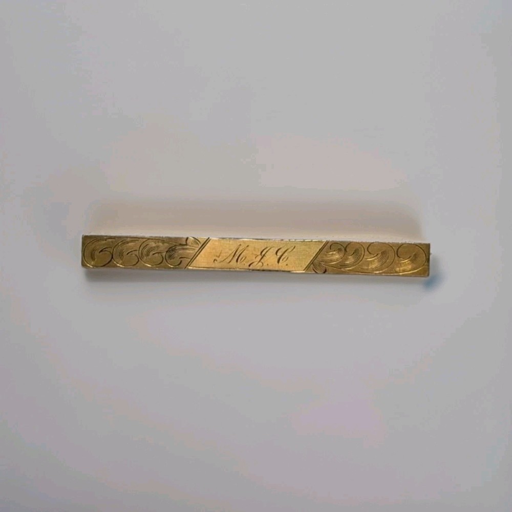 Antique Victorian C Clasp Monogram MJC Etched Wind / Waves Bar Brooch Pin 2.25″