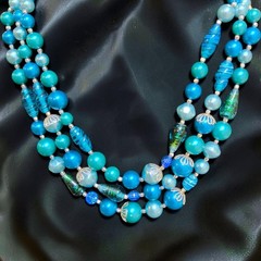 Vintage 3 Strand MCM Art Glass Lucite Bead Necklace Aqua Teal Blue 1950s-1960s
