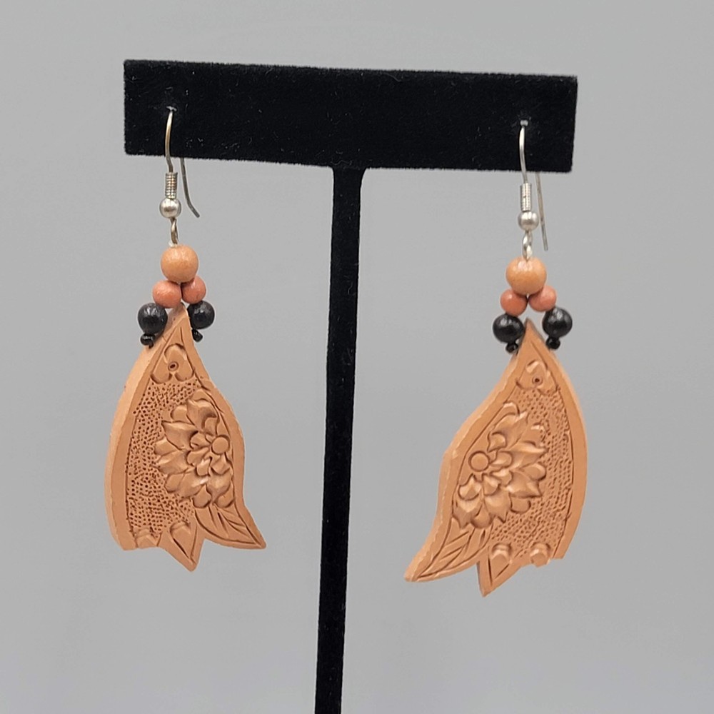 Vintage Hand Tooled Leather Pierced Earrings Wood Bead Artisan 2″