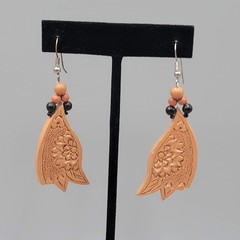 Vintage Hand Tooled Leather Pierced Earrings Wood Bead Artisan 2″