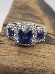 Designer JH Sterling Blue & Clear CZ Stone Ring – Size 7.5 Halo EUC