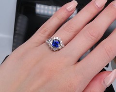 Fine 2.25ct GIA Blue Cushion Sapphire 0.80ct Diamond Platinum Ring, Size 7