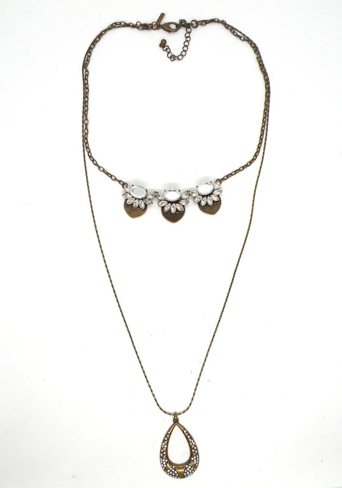 Vtg 2 Strands Chain Layered Pave Crystal Pendant Jewelry Brass Women Necklace