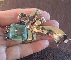 1940s Unsigned Glamourous Sterling Silver 4″ Brooch w/ Large Aqua Stone