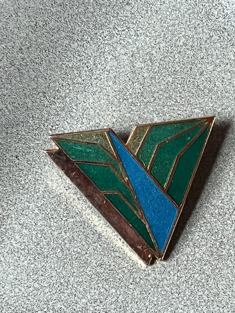 Vintage Lamond Montreal Signed Shades of Green & Blue Enamel & Goldtone Geometri