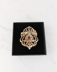 Vintage Style Red Teardrop Brooch Pin, Antique Gold Floral Statement Jewelry