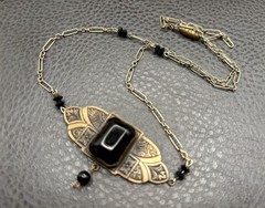 Vintage Art Deco Gold Tone Black Glass Pendant Necklace Chain 20”