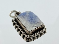 Vintage Sterling Silver Blue Moonstone Rectangular Cabochon Pendant Charm .75 In