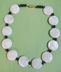 Vintage MOTHER OF PEARL Flat Disks & Black Crystal Beaded Choker Necklace