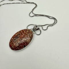 Vintage Fossilized Red Dinosaur Bone Cabochon Sterling Silver Pendant