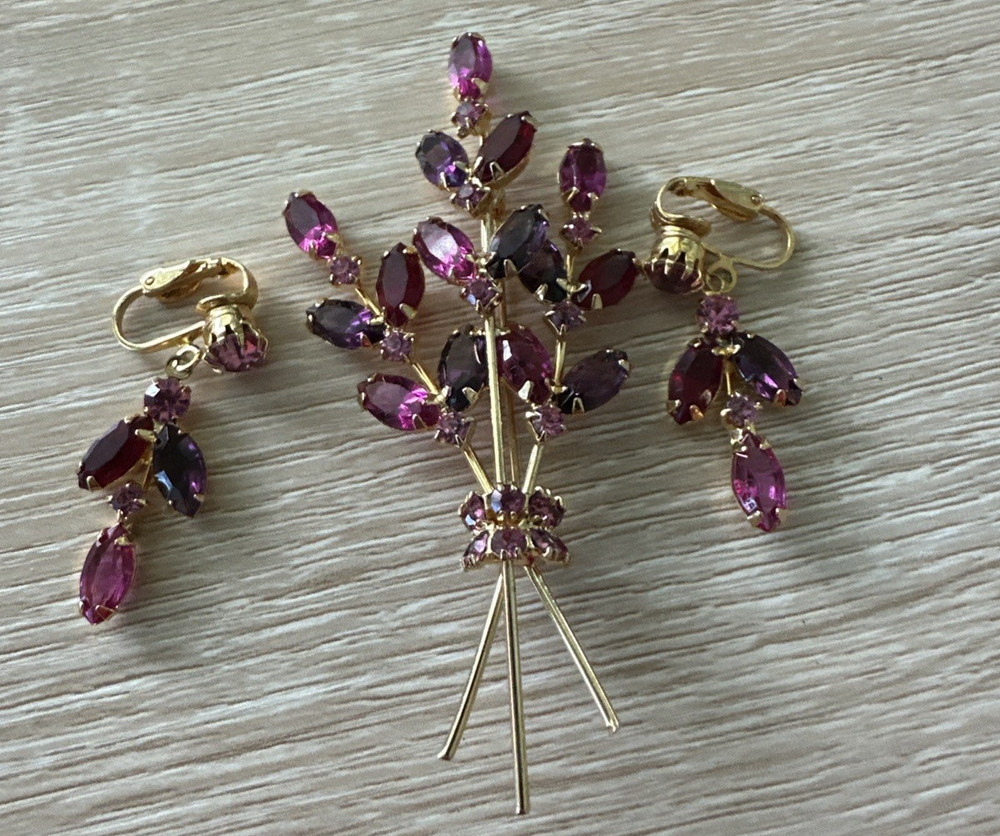 Pink Rhinestone Bouquet Brooch Earrings Set Vintage Mid Century Modern