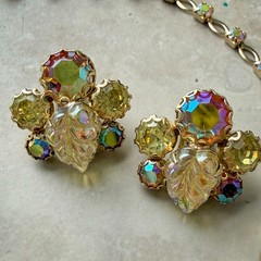 Vtg Signed Weiss Necklace Brooch Earrings Demi Set Molded Glass Leaf Yellow AB
