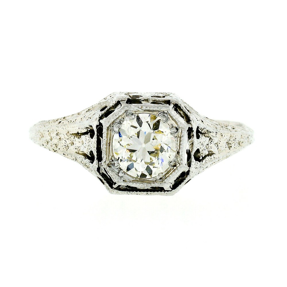 Antique Deco Belais 18k Gold European Diamond Engraved Filigree Engagement Ring