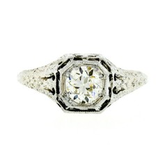 Antique Deco Belais 18k Gold European Diamond Engraved Filigree Engagement Ring