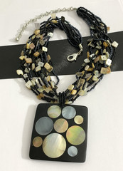 Vintage Multi Strand Necklace w/ Mother of Pearl Inlay Square Pendant