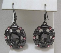 Vtg Large Grey Oval Rhinestone Gun Metal Pink Rhinestone Dangle Pierced Earrings