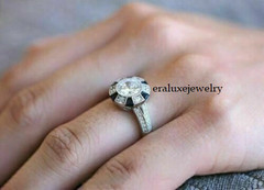 Art Deco Round Lab Created Diamond & Sapphire Wedding 14K White Gold Finish Ring