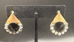 Vintage Black Faceted Rhinestone Stud Earrings Gold Tone Triangle Art Deco