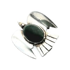Sterling Silver Thunderbird Green Cabochon Vintage Mexican Small Brooch 1″ Pin