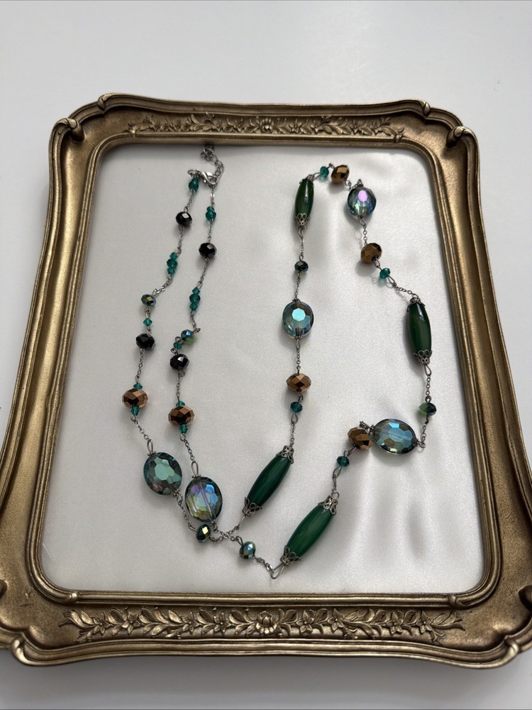 Vntg Long Green Faceted Crystal Bead Necklace Silver Tone Artisan Boho Layering