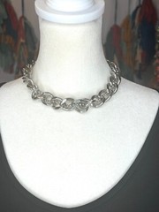 Heavy Silver Chain Linked Choker Necklace With Small Beaded Strand Intertwined