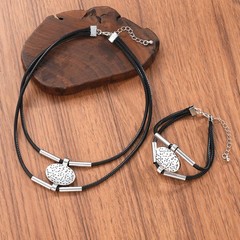 Vintage Oval Faux Leather Necklace Bracelet Set Women Gold Silver 2pc Jewelry
