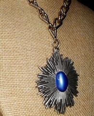Large Mid Century Modern Pendant Necklace Blue Thermoset Lucite Atomic Modernist