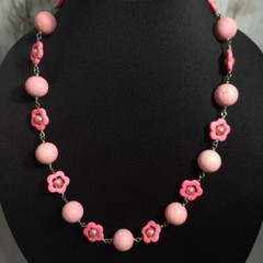 Vintage Handmade Women’s Necklace Pink Cotton Candy Natural Stones, Faux Pearls