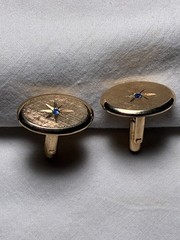 Vintage 1971 Avon Gold Tone Starburst Cufflinks Tie Bar Clip Set Blue Rhinestone